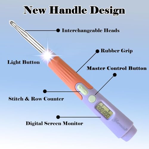 Yarniss 18 Size Digital Counting & Lighted Crochet Hooks Set 2.0mm-14.0mm | Interchangeable Crochet Hooks Set with Case - color: Lilac-18 Size with Light & Counter