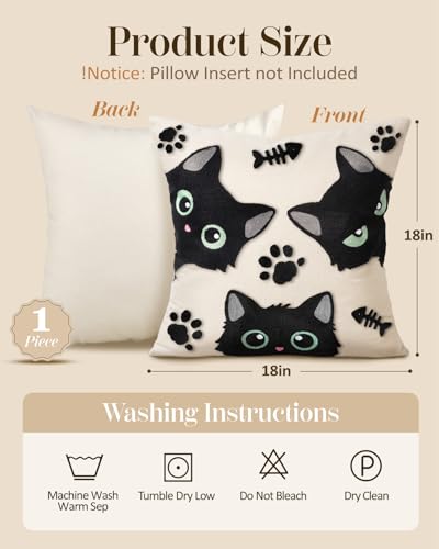 Embroidered Throw Pillow Cover 18x18 Inch, Cat Bone | Decorative Pillow Cover, Whimsical Cushion Case with Hidden Zipper, Cottagecore Decor for Couch, Sofa, Living Room, Bedroom - color: Cat Bone, size: 18" x 18" (Pack of 1)