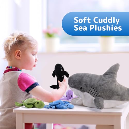 PREXTEX Plush Toy Shark Stuffed Animal with 5 Sea Animals - Shark Plush Toy with Turtle, Whale, Octopus, Stingray, Crab - Giant Stuffed Animals for Kids Aged 3 and Up - Fun Gift for Sea Animal Lovers