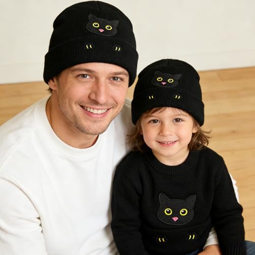 Personality Animal Head Embroidery Knit Beanie Hat for Adult and Big Kids Winter Warm Skull Cuffed Hats - color: Cat-black