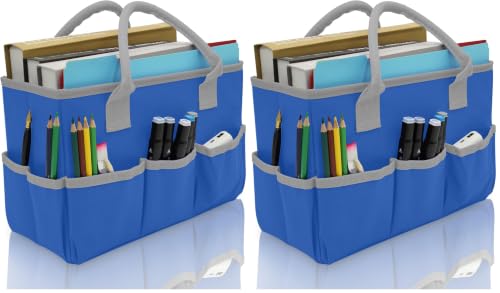 Cupohus Art Organizer Craft Storage Tote Bag with Pockets and Hadles, Oxford Fabric Carrying Caddy for Teacher, Officer, Artist, Students, Traveler, and more – Blue with Grey Edge (Pack of 2) - color: Blue with Grey, size: Normal (Pack of 2)