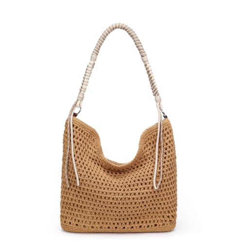 Herald Crochet Beach Hobo Shoulder Purse Tote Bag Handbag for Women | Soft Woven Knit, Bohemian Slouchy Style, Zipper Closure ,Large Capacity, For Daily, Spring Summer Beach Vacation, Travel - color: Brown