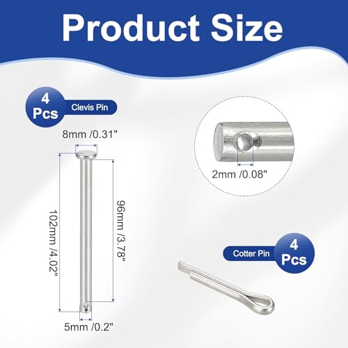 uxcell 4Pcs M5x100mm Clevis Pins, 304 Stainless Steel Single Hole Flat Head Hitch Fastener Lock Systems with Cotter Pins for Furniture Installation Trailer Lawn Mower, Silver - size: M5x100mm