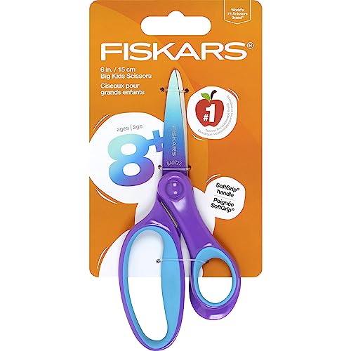 Fiskars 6" Softgrip Big Kids Scissors, Ages 8-11, Turquoise-Purple Ombre | Scissors with Safety Edge Blades for School or Crafting, Ergonomic Handles Designed for Growing Kids, Back to School Supplies - style: Ombre