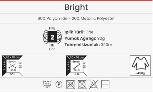 YarnArt Bright Metallic Glitter Yarn – 80% Polyamide 20% Metallic Polyester, 90g 340m, Soft Sparkle Fiber for Crochet, Lace, Summer Tops & Accessories – 4 mm Needle & Hook (128, Silver) - color: 128, Silver
