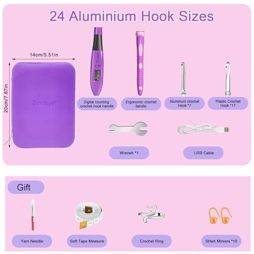 Counting Crochet Hook Set, Light Up Crochet Hooks with Ergonomic Handle, 24 Size Interchangeable Crochet Hooks Kit with Digital Counter, Crochet Hooks for Arthritic Hands, Gift for Beginners - size: 24 Crochet Hook - Purple