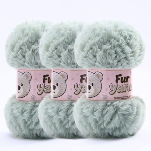 3 Skeins Faux Fur Yarn Soft Fluffy for Crocheting - Chunky Fuzzy Yarn for Crochet Amigurumi, Blankets, Scarves and Sweaters - Each 3.5 oz/100 g, 71 yds/65 m (3, Light Green) - color: Light Green