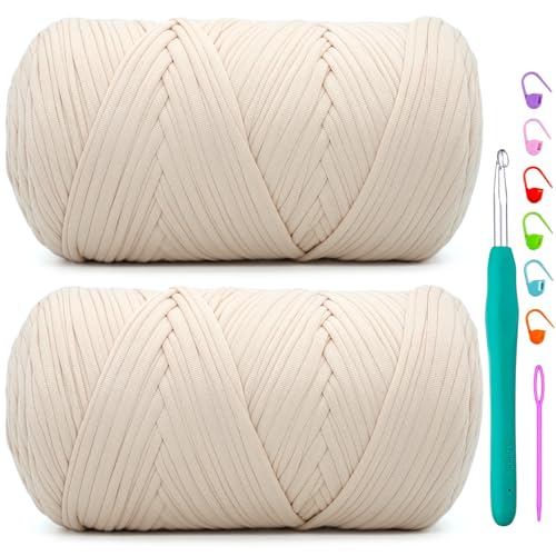 2 Pack Tshirt Yarn for Crochet,Beige T Shirt Soft Elastic Fabric Chunky Thick T-Shirt Crochet Yarn for Crocheting Knitting Beginner Hand Knitting Bag/DIY Craft/Home Decor 2 * 400G-Beige - color: Beige, size: 2 PACK