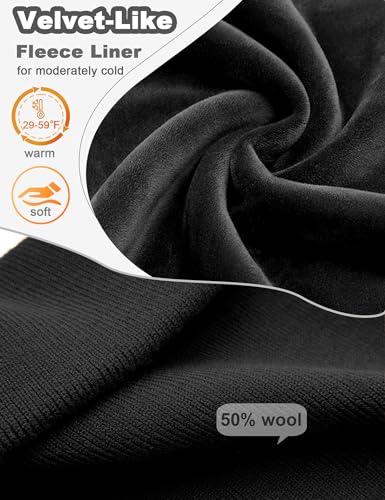 Fleece Lined Wool Beanie Hat Men Women, Warm Cuffed Winter Cap | 50% Wool Thermal Knit, Soft Velvet Fleece Liner, Long Style Full Ear Cover Warm Watch Cap, Tall Roomy Crown Skull Cap - color: Black