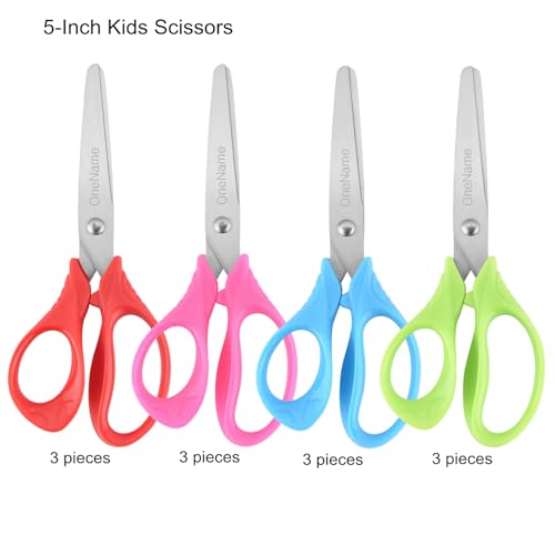 OneName 5" Kids Scissors 12 Pack,Safety Blunt Tip Scissors, School Supplies | Ergonomic Comfort-Grip Handles, Stainless Steel Blades, Perfect for Student, Classroom, Crafting DIY Arts Home - color: Right-handed 12pack Pink,green,blue,red