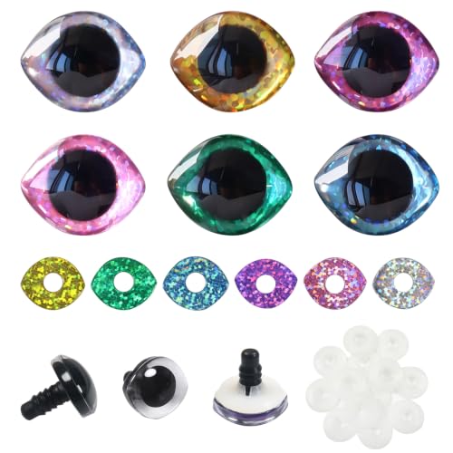 TOAOB 24 Set Glitter Safety Eyes for Amigurumis 28mm Oval Crochet with Washers Mixed Colors Doll Eyes for DIY Puppet Stuffed Animals Making