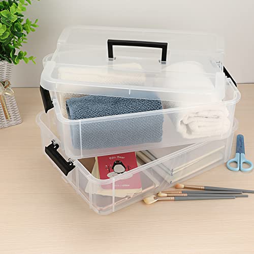 BTSKY 2 Layer Stack & Carry Box, Plastic Multipurpose Portable Storage Container Box Handled Organizer Storage Box for Organizing Stationery, Sewing, Art Craft, Jewelry and Beauty Supplies Black | Multipurpose Craft Organizers and Storage for Organizing S