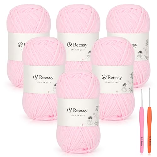 Skinny Chenille Yarn for Crocheting - 6 Pack of 50g/158yd (948yd Total) - Soft Matte Thin Chenille CYC #2 - Fine Weight Baby Yarn for Plush Toys, Baby Blankets & Small Crafts(Soft Pink) - color: Soft Pink