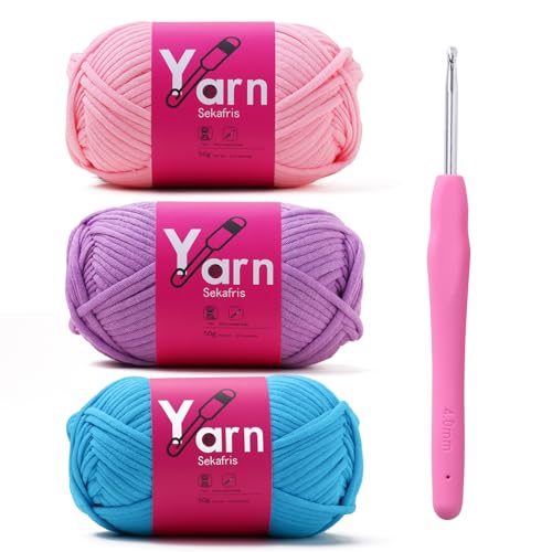 Crochet Yarn 150g/163.5yds Cotton - Chunky Yarn for Crocheting - Parfait Colors (Pink, Pale Purple, Lake Blue) - color: pink+pale purple+lake blue