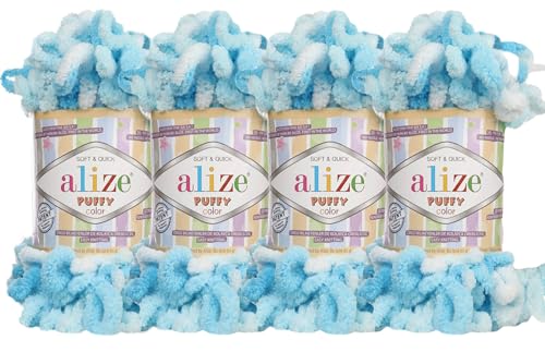 Alize Puffy Color Baby Blanket Yarn Lot of 4skn 400gr 39.3 yds 100% Micropolyester Soft Yarn Hand Knitting Yarn (5924) - color: 5924