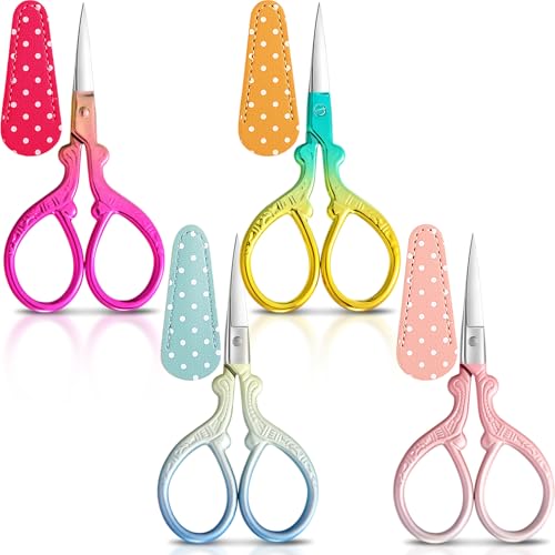 Honoson 4 Pcs Small Embroidery Scissors, 3.6", Simple, Classic Colors | Sewing Scissors with Leather Cover, Sharp Tip for Needlework Cross Stitch Crochet Knitting Craft, Stainless Steel Stork Shear - color: Classic Colors