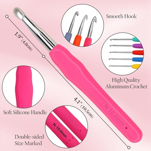 Blingcute 50 Pcs Ergonomic Crochet Hook Set 0.6-8 mm with Pink Case | Pain-Free Hooks for Arthritis Hands, Portable Aluminum Needles Set, Best Gift for Beginners & Lace Projects - color: Pink