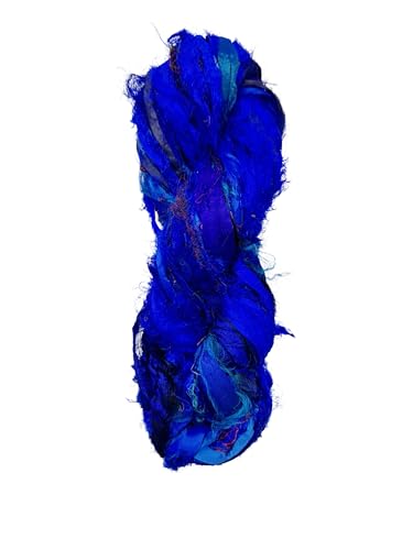 Maker's Craft Recycled Fuzzy Fringes Sari Silk Ribbon Yarn 35yards, 100Grams for DIY Knitting Crocheting Gift Wrapping, Christmas Decoration, Macrame Makers, Jewelry Making, Rugs Hooking (Indigo) - color: Indigo