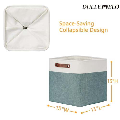 DULLEMELO Storage Bins, 4 Pack Of 13x13x13 Decorative Storage Cube Bins Suit Office, Home, Shelves And Closet, Stackale Gift Baskets Empty with Leather handle (White&Deep Green) - color: White&Dark Green, size: L-13"x 13"x 13"
