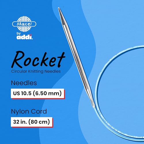 skacel by addi Circular Knitting Needles, 32 Inch (80 cm) Rocket Round Plated Brass Knitting Needle Pair with Nylon Cord, 6.5 mm (US Size 10.5) - size: 6.50 mm