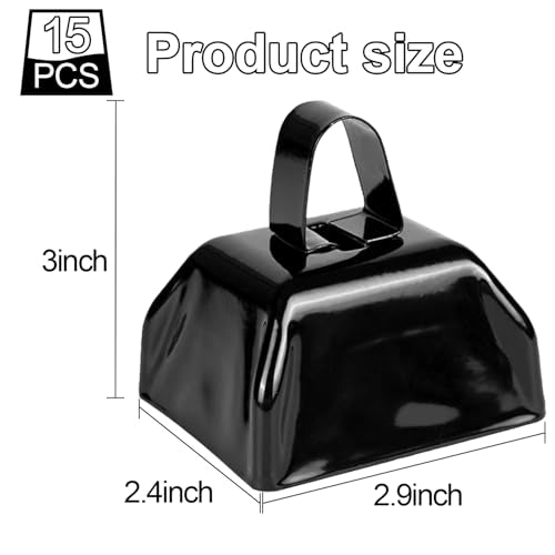 15 Pack 3 Inch Metal Cowbells Black Cow Bells Noise Makers Loud Cow Bell with Handles, Small Cowbell Hand Percussion Cowbells for Sporting Events, Football Games, Concert, Farm, Call Bell Alarm - color: Black