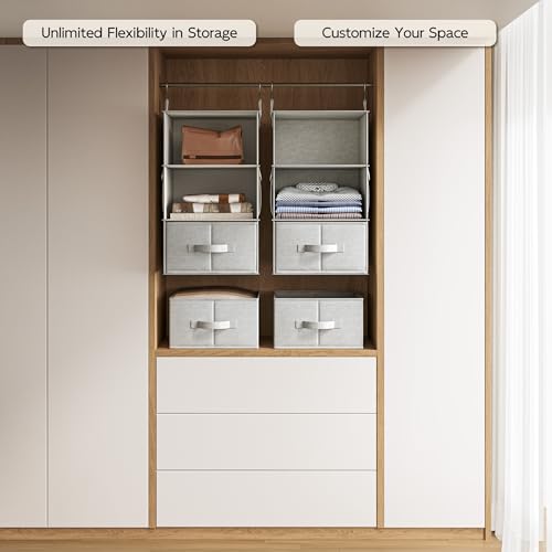 2 Pack 3-Shelf Hanging Closet Organizer with 2 Drawers, Silver Gray | Two Hanging Organizers with Fabric Drawers, Space-Saving Closet Storage for Clothes, Baby Items, Nursery and Dorm Rooms - color: Silver Gray, size: 3-Shelf Set of 2