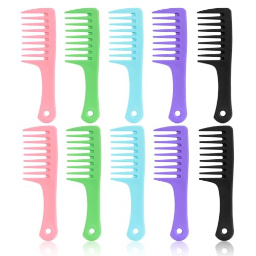 10 Pack Small Wide Tooth Comb with Handle, Detangling Hair Comb | for Curly Thick Wet Dry Hair, Shower Combs Set, Bulk Hair Combs for Salon, Hotel, Gym & Travel, 5 Colors