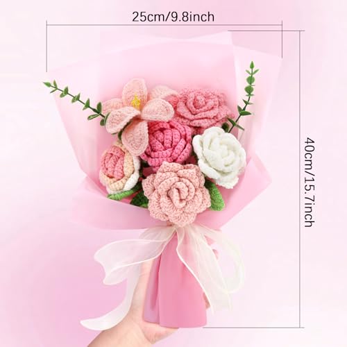 Marvogo Handmade Crochet Flower Bouquet,Crochet Flowers for Loved Ones | Crochet Flower,Crochet Rose, Bell Orchid, Tulip, Finished Artificial Flower Ideal for Lovers, Family and Friends pink - color: Pink