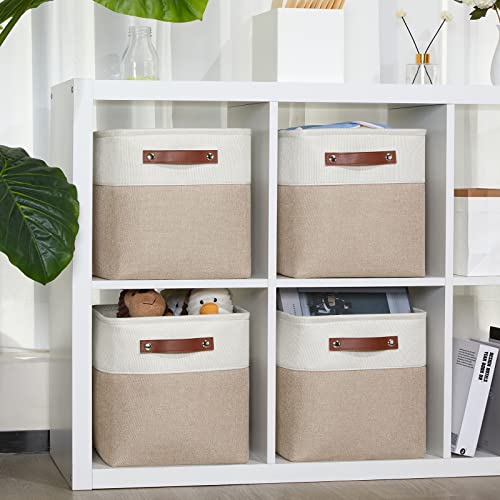 DULLEMELO 11 inch Cube Storage Bins, Large Collapsible Grey Storage Baskets for Square Cubes Organizing, Fabric Boxes Bins for Shelves Nursery Home Office Storage(4 Pack - 11" White&Khaki) - color: White&Khaki, size: S-11"x11"x11"