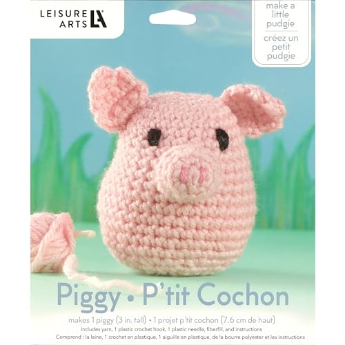 LEISURE ARTS Pudgies Animals Crochet Kit, Piggy, 3", Complete Crochet Kit, Learn to Animal Starter Kit for All Ages, Includes Instructions, DIY Amigurumi Kits - color: Piggy Pudgie
