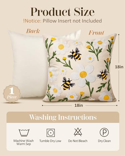 Embroidered Throw Pillow Cover 18x18 Inch, Flower Bee | Decorative Pillow Cover, Floral Farmhouse Cushion Case with Hidden Zipper, Home Decor for Couch, Sofa, Living Room, Bedroom - color: Flower Bee, size: 18" x 18" (Pack of 1)
