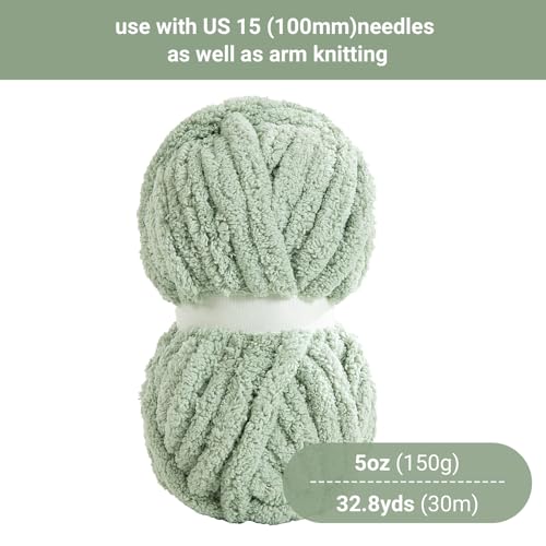 HOMBYS Sage Green Chunky Chenille Yarn for Hand Knitting,Fluffy Soft Jumbo Yarn Crocheting,Super Bulky Big Yarn for Chunky Blanket,Large Thick Arm Knitting Yarn,8 Pack Plush Yarn - color: Sage Green