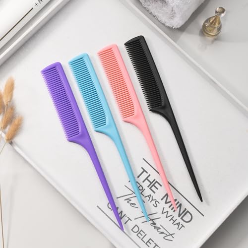 4 Pcs Rat Tail Comb Set for Women -Fine Tooth Styling comb with Pick, Anti-Static Heat Resistant Teasing Comb,Professional Hair Parting Tools for Smooth Detangling, Updos & Salon-Perfect Hairstyles. - color: Purple-Blue-Pink-Black