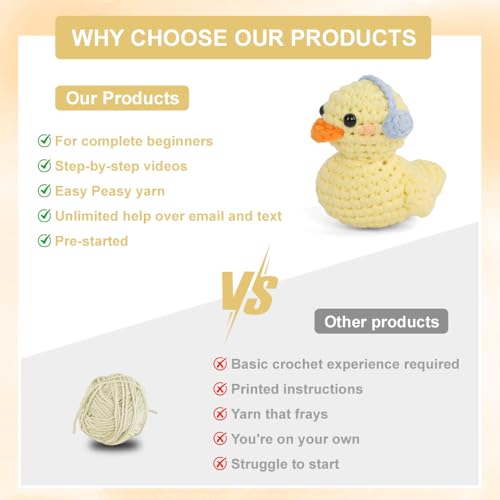Duck Crochet Kit for Beginners Adults & Kids, Amigurumi Learn to Crochet Starter Kit with 4K Step-by-Step Video Tutorials, Includes Pre-Started Yarn, Crochet Hooks & Accessories - Yellow Duck - style: Yellow Duck