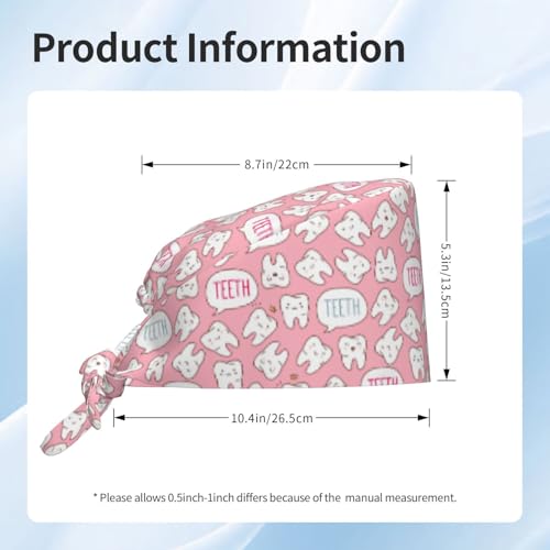 MOLIAN Dental Tooth Adjustable Working Cap Surgical Headgear for Women Men | Adjustable Tie Back Scrub Caps with Button Built-in Sweatband Working Cap for Nurses Doctors and Workers - color: Pink Tooths