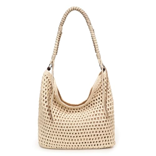 Herald Crochet Beach Hobo Shoulder Purse Tote Bag Handbag for Women | Soft Woven Knit, Bohemian Slouchy Style, Zipper Closure ,Large Capacity, For Daily, Spring Summer Beach Vacation, Travel - color: Beige