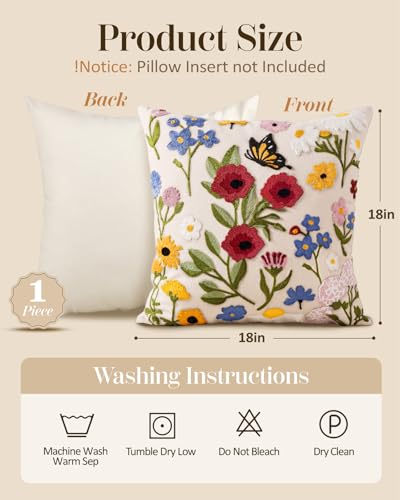 Embroidered Throw Pillow Cover 18x18 Inch, Retro Flower | Decorative Pillow Cover, Vintage Boho Cushion Case with Hidden Zipper, Floral Decor for Couch, Sofa, Living Room, Bedroom - color: Retro Flower, size: 18" x 18" (Pack of 1)