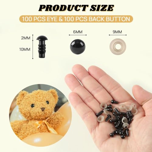 KAKULO 100 PCS 6mm Safety Eyes Black Plastic Crafts Eyes with Washers | for Stuffed Animals Amigurumis Crochet Bears Doll Making - color: 6mm