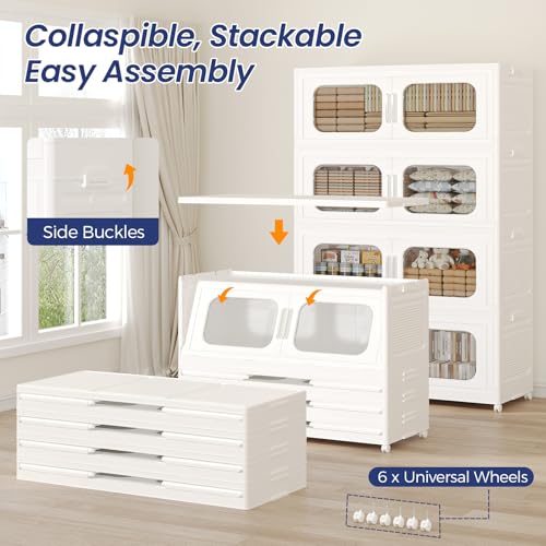 250Gal Extra Large Stackable Storage Bins with Wheels & Lid & Doors, 200QT/50GAL 5-Tiers Collapsible Plastic Drawers Containers Closet Organizers Boxes for Home Kitchen Bedroom, White - color: White, size: 50Gal-5Pack