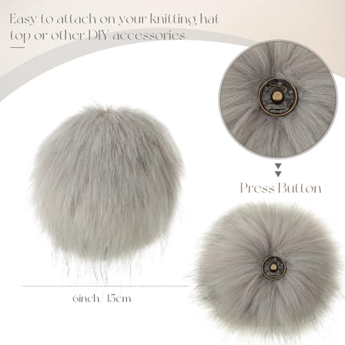 Juinte 8 Pcs 6 Inch Large Fur Pom Pom Balls for Hats Fluffy Faux Fur Pompom Balls with Snap Button for Hat Shoes Scarves Bag Charms DIY Crafts (Gray) - color: Gray