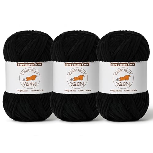 3 Pack Black Fluffy Velvet Yarn for Crocheting, Chunky Chenille Baby Blanket Yarn for Crochet, Soft Fuzzy Puzzle Yarn for Knitting, (100g/3.53oz Each) Bulky Thick Amigurumi Crochet Yarns - color: 3 Black