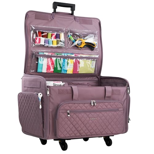 Everything Mary XXL Rolling Sewing Machine Case – Purple Quilted Craft Bag with 4 Wheels – Spacious Storage Organizer with Pockets for Sewing & Craft Supplies - color: Purple