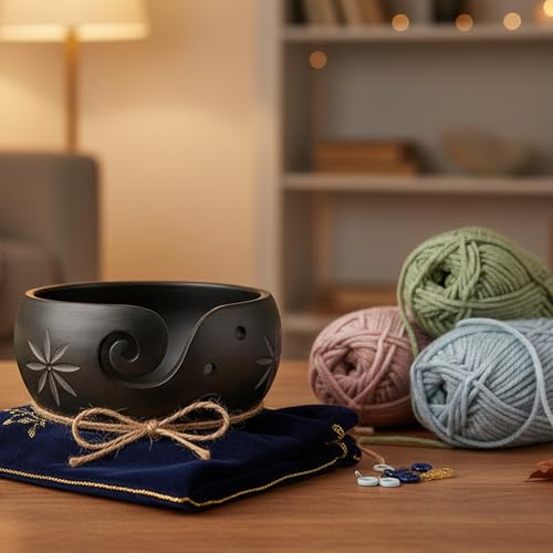 Handmade Wooden Yarn Bowl for Knitting & Crochet – Hand-Carved Yarn Holder with Swirl Cut & Anti-Slip Base | Portable Craft Organizer for Knitters & Crafters | Durable Natural Wood Storage Gift - color: Purple, size: 6" x 6" x 3"