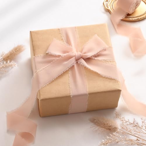 DORIS HOME Handmade Frayed Fringe Chiffon Ribbon 1" x 21Yd Nude Pink | Fabric Ribbon, For Flower Bouquet/Gift Wrapping/Wedding Invitations/Party Decorations - color: Nude Pink