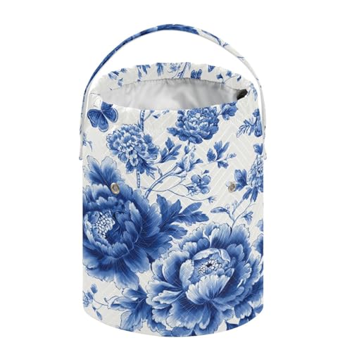 Blue White Peony Flower Butterfly Yarn Bag Small Crochet Bag Drawstring Yarn Storage Organizer Knitting Project Bags Potable Crochet Holder with Holes Handle Crocheting Needles Knitting - color: Blue and White Peony Flowers Leaf