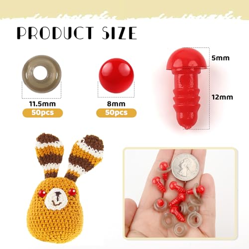 TOAOB 50pcs 8mm Mini Safety Eyes for Amigurumis Plastic Crochet Red Eye | Crafts Doll Safety Eyes with Washers, for DIY Crocheting Small Animals Doll, Making Supplies - size: 8mm