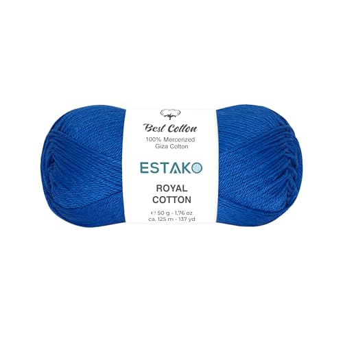 Estako Royal Cotton, 100% Mercerized Giza Cotton Yarn, Royal Blue | soft, silky sheen, super fine, fingering 1, sock weight, 50 g, 137 yds, baby clothes, summer tops - color: 5077 - Royal Blue, size: 1 Skein
