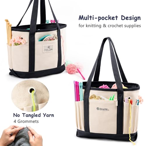 Canvas Yarn Storage Organizer Bag Washable Crochet Bag with Pockets for Yarn, Hooks, Needles – Travel Knitting Tote for Crafters – Gift for Crocheters & Knitters (Medium/Large) - color: Nature-Black, size: Medium-12.5“