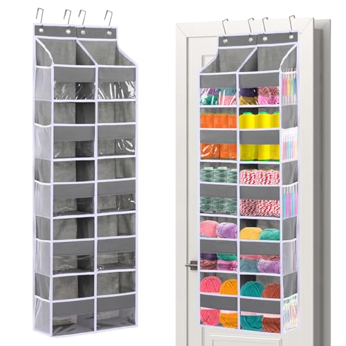 Over Door Yarn Storage Organizer Oxford Cloth Hanging Yarn Storage Organizer with 10 Deep Clear Pockets & 10 Mesh Side Pockets Extra Large Behind Door Storage for Crochet Accessories Knitting Supplies