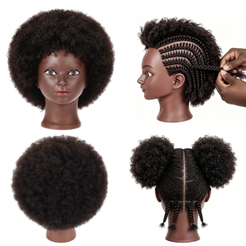 Afro 100% Human hair Mannequin Head,10''Curly Full Real Hair Mannequin Head,Cosmetology Mannequin Doll Head Styling,Manikin Head Hairs Braiding DIY Styling with Clamp Holder Set（10 Inch Dark Brown） - color: 10 Inch Dark Brown